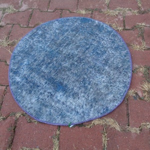 Small Blue Round Rug, Circle Rug For Bathroom, Vintage Entrance Mat, Gift For Christmas, Rustic Circular Carpet 2.2 x 2.2 Feet Bath Mat g11