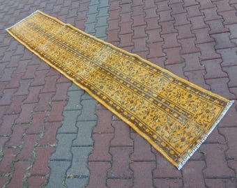 12.3x1.3 Vintage Yellow Sort Runner Rug, Runner Carpet For Hallways, Runner For Stairs, Wedding Ceremony Rug, Distressed Overdyed Runner 907