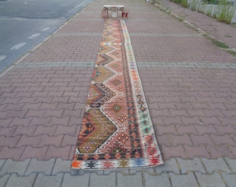 Extra Long Vintage Kilim Runner Rug, Handwoven Turkish Kelim, 2.5x23  e98