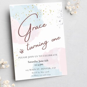 Editable rainbow birthday, Pastel Birthday Invitation Watercolor Gold Glitter birthday Invite 1st birthday 2nd 3rd
