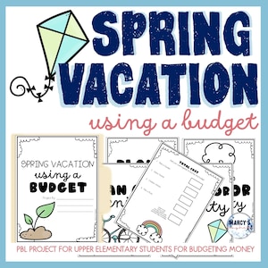May include: Black and white printable worksheet for a spring holiday budget project. The worksheet includes a title page, a planning page, and a total cost page. The title page says "Spring Holiday using a Budget". The planning page has a list of activities to plan for the holiday. The total cost page has a list of items to add up the total cost of the holiday.