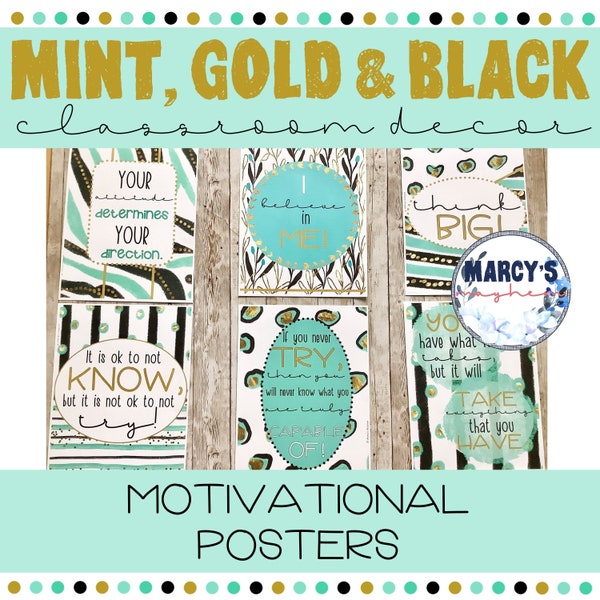 Mint, gold, & black motivational bulletin board posters, inspirational classroom posters, growth mindset classroom, classroom door sign