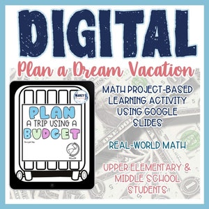 May include: Digital lesson plan for a maths project-based learning activity using Google Slides. The lesson plan is titled "Plan a Trip Using a Budget" and features a suitcase with a globe on it. The lesson plan is designed for upper elementary and middle school students.