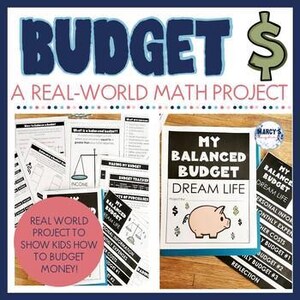 May include: Educational resources for a budgeting project, featuring worksheets and a budget tracker. The main guide is titled "My Balanced Budget Dream Life" and includes a piggy bank graphic. The text includes "Budget" and "Real World Project".