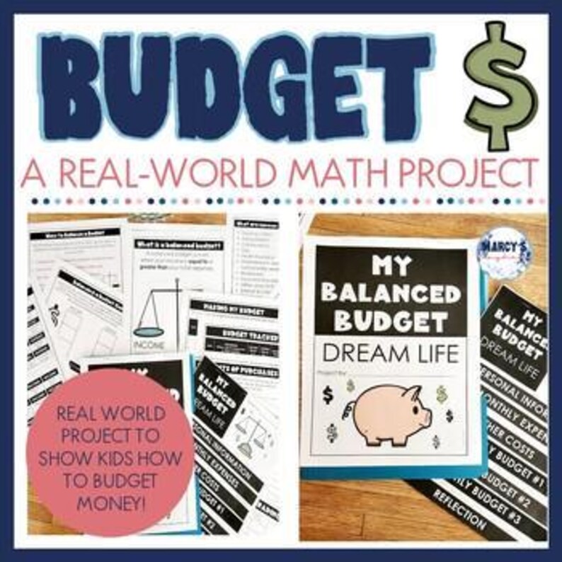 May include: Educational resources for a budgeting project, featuring worksheets and a budget tracker. The main guide is titled "My Balanced Budget Dream Life" and includes a piggy bank graphic. The text includes "Budget" and "Real World Project".