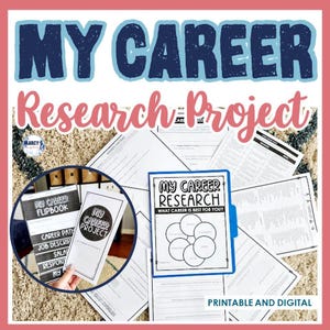 May include: A selection of career research resources, including a flipbook and worksheets, with the text "MY CAREER Research Project." The image features a blue binder with the title "MY CAREER RESEARCH" and the phrase "PRINTABLE AND DIGITAL."