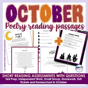 Könnte beinhalten: Ein Satz druckbarer Halloween-Lesepassagen für die Oberstufe. Die Passagen beinhalten Titel wie "Fledermäuse in der Nacht", "Hexenbrau", "Kostüm", "Kürbisplan" und "Spukhäuser".