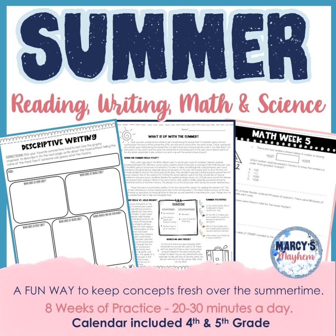 Fun Summer School Activities 4th 5th Grade Summer Review Packet Math ...