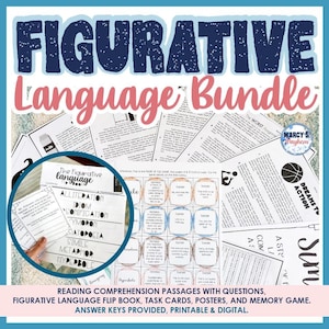 4th 5th Grade Figurative Language Activity, short stories and worksheets with Figures of speech posters printable reading comprehension