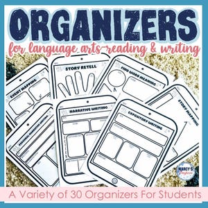 May include: A collection of white paper organizers for language arts, reading, and writing. Each organizer features a different layout with prompts for activities like event mapping, story retelling, and narrative writing. The text "ORGANIZERS" is at the top.
