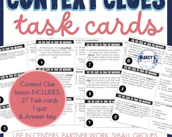 Context Clues Task Cards Vocabulary sheet with activities for 5th 6th grade Classroom and Homeschooler Printable Worksheet Practice