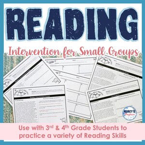 May include: A set of black and white printable worksheets for reading intervention for small groups. The worksheets feature different reading skills practice activities, such as reading comprehension, text evidence, and finding key details. The worksheets are labeled "Reading Skills Practice".
