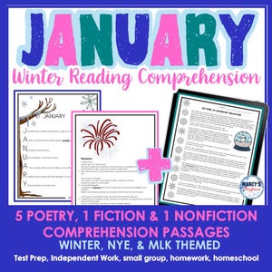 January poems, Winter reading comprehension passages practice 3rd 4th  5th grade, MLK day New Year&#39;s Homeschooler and ELA teacher printables