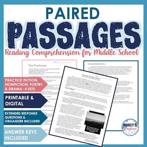 May include: A blue and white educational poster titled "PAIRED PASSAGES" for middle school reading comprehension. The poster includes text, "Reading Comprehension for Middle School", and "PRINTABLE & DIGITAL". It also features sample reading passages.