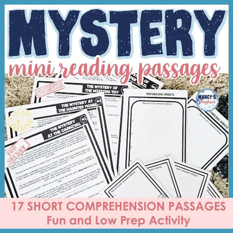 Mysteries reading comprehension passages practice short stories with clues and questions 2nd 3rd grade Homeschooler ELA teacher printable