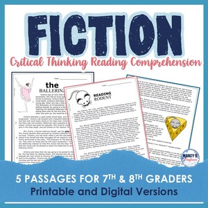 7th 8th grade FICTION fluency passages, Critical Thinking Reading Comprehension Worksheets Homeschool Printables Activities Digital Download