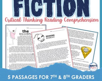 7th 8th grade FICTION fluency passages, Critical Thinking Reading Comprehension Worksheets Homeschool Printables Activities Digital Download