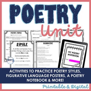 Elements of Poetry Unit, 3rd 4th 5th grade ELA activities English language arts notebook reading printable worksheets with posters