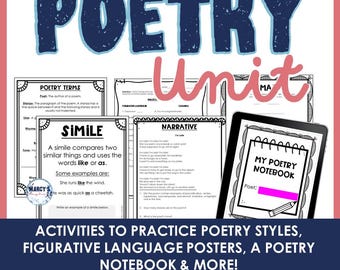 Elements of Poetry Unit, 3rd 4th 5th grade ELA activities English language arts notebook reading printable worksheets with posters