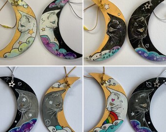 Cat and Moon Wooden Hanging Decorations with Star Charms