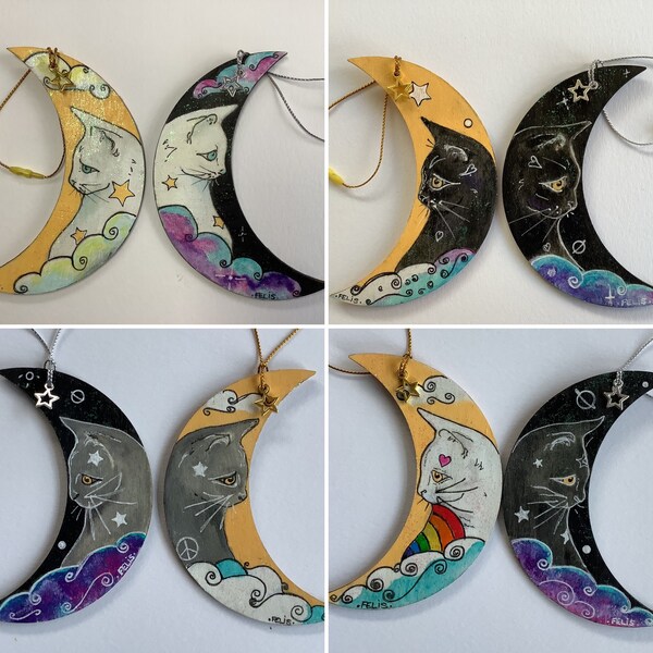 Cat and Moon Wooden Hanging Decorations with Star Charms