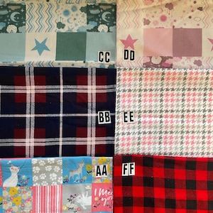 May include: A collection of six fabric swatches labeled CC, DD, BB, EE, AA, and FF. Patterns include blue celestial motifs, pink celestial designs, navy and red plaid, pink and white houndstooth, cat-themed floral prints, and red and black buffalo check.