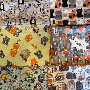 Op de afbeelding: Een collectie van zes stofstalen met verschillende kattenpatronen. Staal A toont katten met garen, B katten in potten, C zwart-witte katten, D rijen katten, E katten met strikjes en brillen, en F katten met patronen.