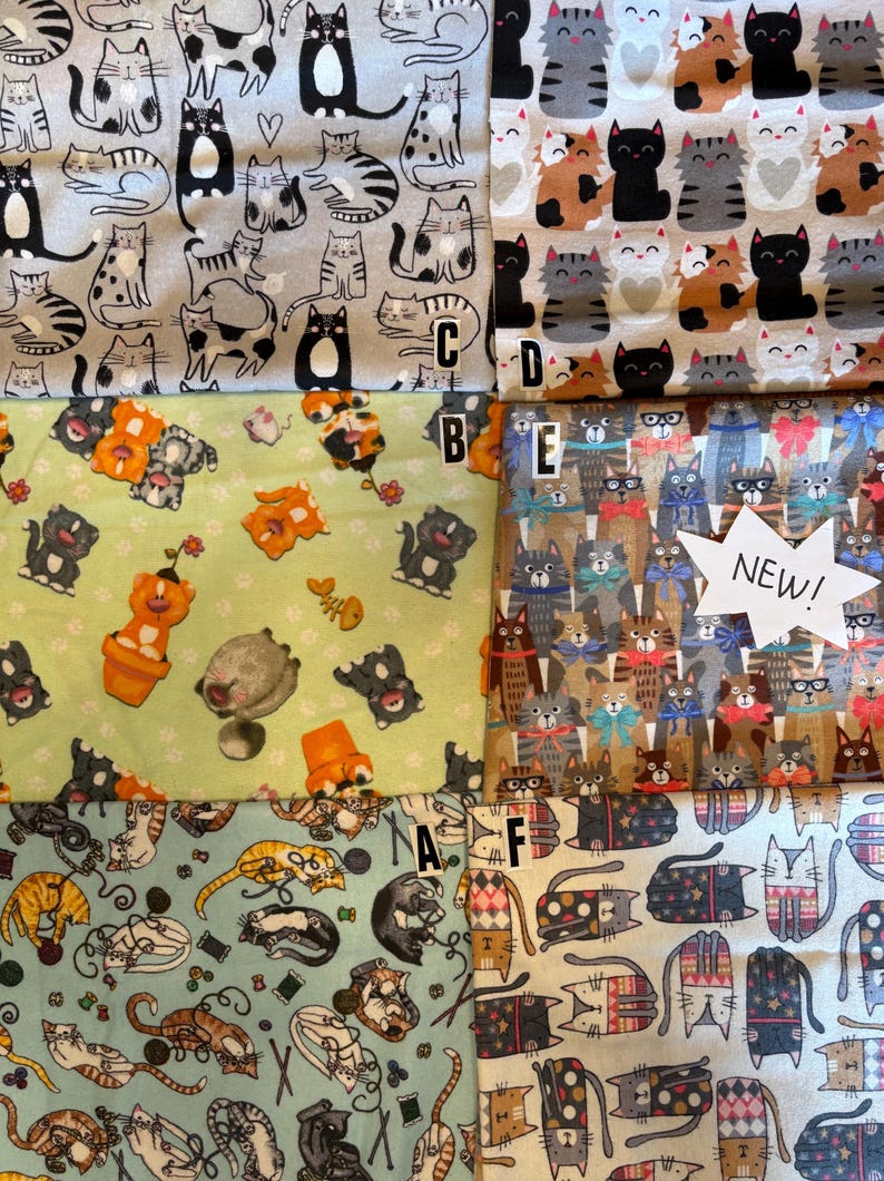 May include: A collection of six fabric swatches featuring various cat patterns. Swatch A shows cats with yarn, B features cats in pots, C displays black and white cats, D shows rows of cats, E features cats with bows and glasses, and F shows patterned cats.
