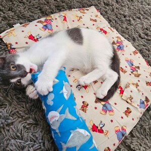 Op de afbeelding: Een kleine grijs-witte kitten speelt met een felblauw cilindervormig speeltje met een haaien- en bellenpatroon. De kitten rust op een rechthoekig beige kussen versierd met een herhalende print van teddyberen en kleine rode sterren.