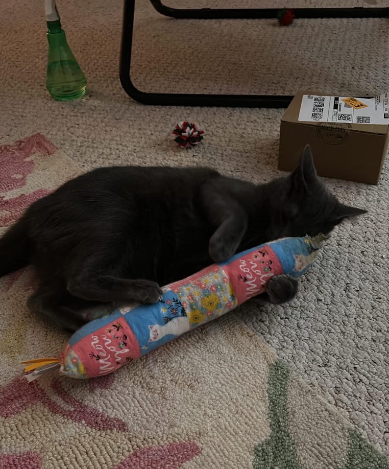 May include: A solid gray cat lying down and holding a cylindrical fabric toy. The toy features a repeating pattern of pink panels with the text 'meow you' and blue panels decorated with illustrations of white cats and colorful floral arrangements.