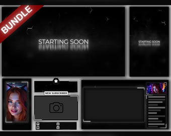 Animated Stream Overlays - Twitch and TikTok Live Overlay Package, Black & White Minimalist OBS Overlay Pack, Dark Vertical Stream Layout