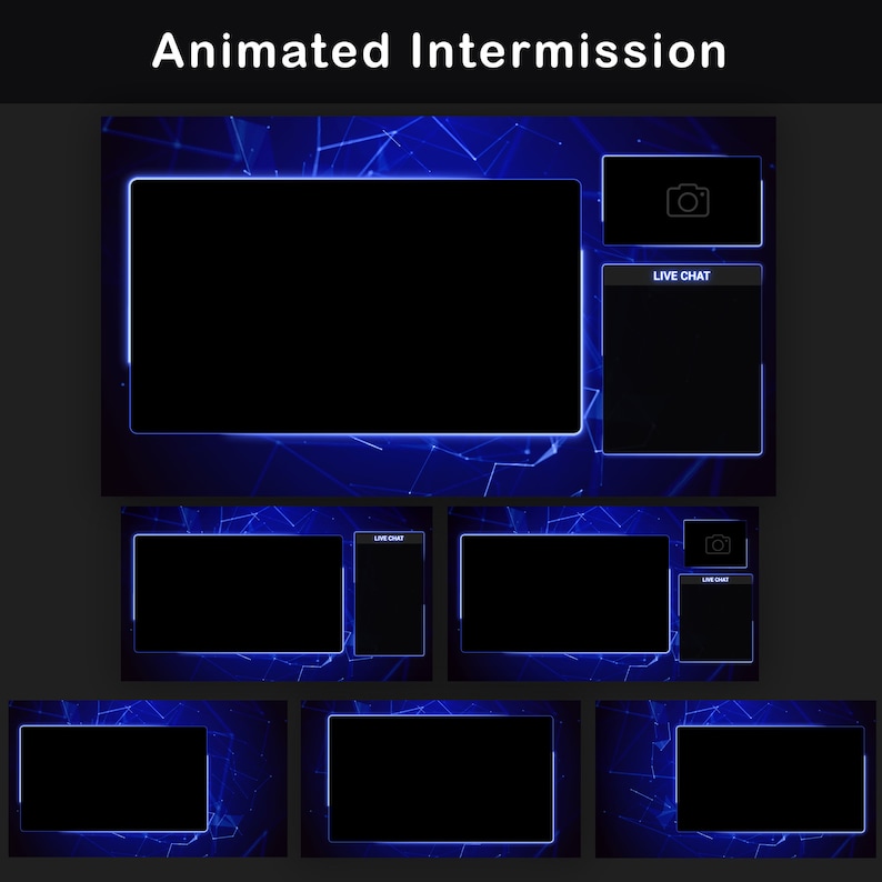 May include: Animated intermission screen with a blue background and a black frame. The screen has a glowing blue border and a camera icon in the top right corner. The text "LIVE CHAT" is displayed in the bottom right corner.