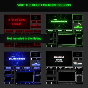 May include: Four different Twitch stream overlays with a cracked glass design. The overlays are in red, green, blue, and black with neon text that says "Starting Soon".