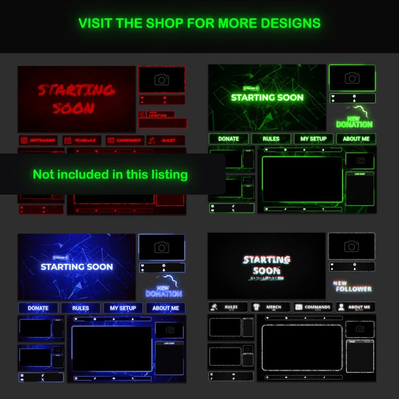 May include: Four different Twitch stream overlays with a cracked glass design. The overlays are in red, green, blue, and black with neon text that says "Starting Soon".