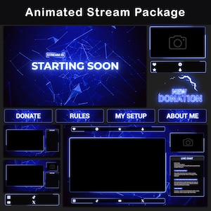 Animiertes Stream Paket Neon Blau | Minimales Twitch OBS Overlay Paket | Animierte Benachrichtigungen | Animierte Bildschirme | Paneele | Stachel | Übergang