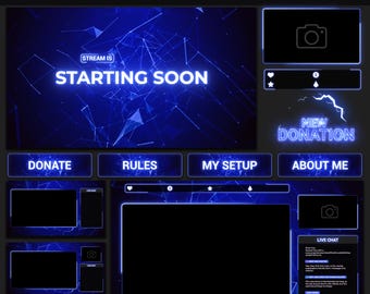Animated Stream Package Neon Blue | Minimal Twitch OBS Overlay Pack | Animated Alerts | Animated Screens | Panels | Stinger | Transition