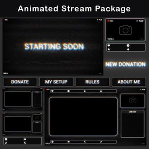 Pacote de sobreposição Twitch animado Retro TV VHS, pacote de sobreposição Dark Stream Glitch OBS, telas, alertas, webcam, transição Stinger, painéis, bate-papo