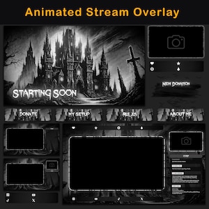 Pacote de Overlay Animado de Halloween para Twitch, Overlay Cinza Escuro para Stream no OBS, Pacote de Layout Preto e Cinza para Stream, Overlay Assustador para Vtubers, Overlays Góticos