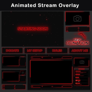 Animated Twitch Overlay Package, Minimalist Stream OBS Overlay for VTuber, Black & Red Stream Layout Pack | Alerts, Panels, Webcam, Chatbox