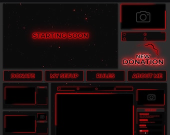 Animated Twitch Overlay Package, Minimalist Stream OBS Overlay for VTuber, Black & Red Stream Layout Pack | Alerts, Panels, Webcam, Chatbox