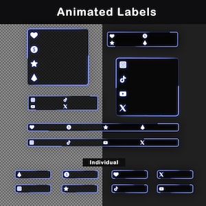May include: A set of animated labels with a blue neon outline. The labels feature various social media icons, including Instagram, TikTok, YouTube, and a heart, dollar sign, star, and diamond. The labels are arranged in a grid pattern and are labeled "Individual".