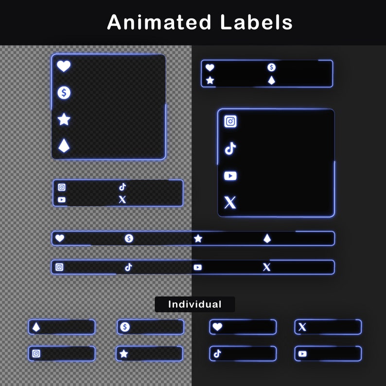 May include: A set of animated labels with a blue neon outline. The labels feature various social media icons, including Instagram, TikTok, YouTube, and a heart, dollar sign, star, and diamond. The labels are arranged in a grid pattern and are labeled "Individual".