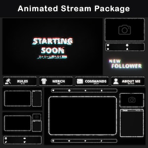 Pacote de sobreposição Twitch animado em preto e branco, pacote Dark Glitch Stream, layout de stream Anime Vtuber, Twitch minimalista OBS Overlay Streamlabs