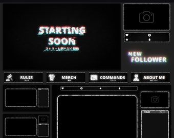Animated Black & White Twitch Overlay | Dark Glitch Stream Package | Anime Vtuber Stream Design | For OBS and Streamlabs