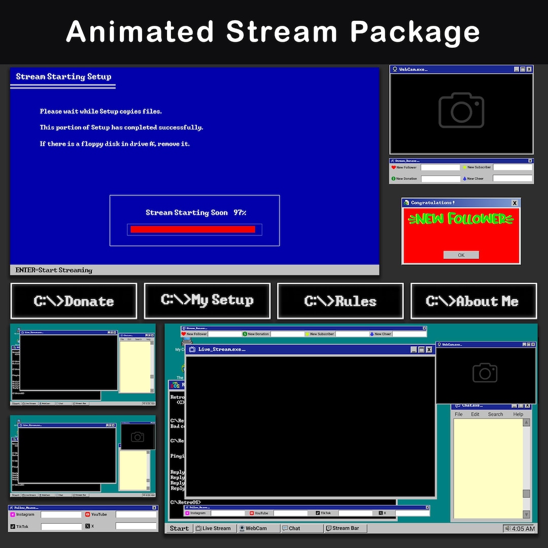 Retro Computer Twitch Overlay Pack, Animated Stream Overlay for OBS ...