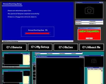 Retro Computer Twitch Overlay Pack, Animated Stream Overlay for OBS Streamlabs, 90s Desktop Old PC Popup Alerts, Webcam, Panels, Chatbox