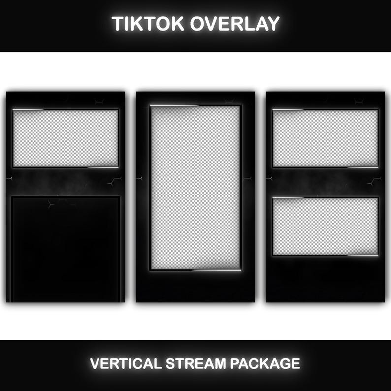 TikTok Overlay Animated Black & White Package, Vertical Streaming Overlay Pack, Stream Layout, Dark Overlay for TikTok Live