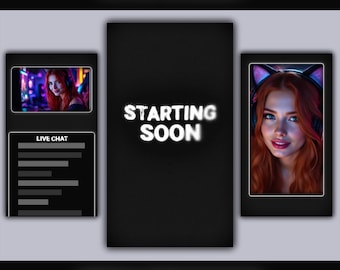May include: A vertical TikTok overlay template with a black background. The text "STARTING SOON" is in white with a neon glow. The template includes a live chat section and a space for a profile picture.