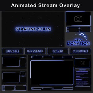 Pakiet nakładki Twitch w kolorze ciemnoniebieskim, animowana nakładka do transmisji strumieniowej dla OBS i Streamlabs, minimalistyczny pakiet transmisji strumieniowej w kolorze niebieskim neonowym z widżetem czatu