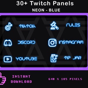 36 Twitch panels NEON BLUE | neon panels for Twitch | Twitch profile panels | Glow | Simplistic | Streaming Panels
